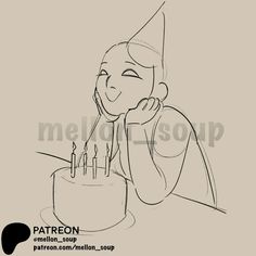 a drawing of a person blowing out candles on a cake with the caption patron