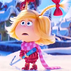 a cartoon character with long blonde hair holding a snow shovel