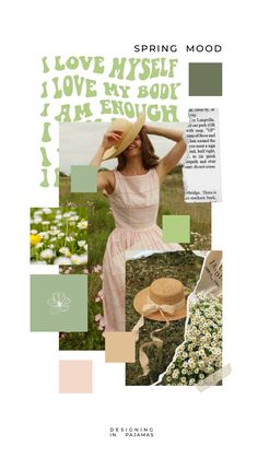 a woman in a pink dress and hat with flowers on the side, surrounded by words that say i love my self