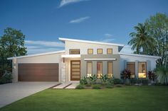 this is a rendering of a modern house in the middle of palm trees and grass