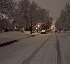 a snowy street with cars parked on the side and trees covered in snow at night