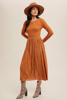 Knit contrast long sleeve pleated dress in pumpkin spice-NEW – JanieLanie Casual Pleated Midi Dress For Fall, Fall Long Sleeve Midi Dress With Pleated Waist, Long Sleeve Midi Dress With Pleated Waist For Fall, Fall Midi Dress With Pleated Waist, Fall Midi Dress With Long Sleeves And Pleated Hem, Fall Long Sleeve Midi Dress With Pleated Hem, Casual Fall Midi Dress With Pleated Waist, Casual Midi Dress With Elastic Waistband For Fall, Modest Pleated Midi Dress