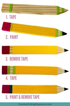 four different colored pencils with the words, how to remove tape and paint them