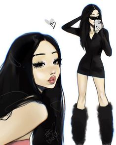 a drawing of a woman with long black hair wearing boots and holding a cell phone to her ear