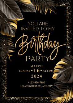 Digital Birthday Invitation, unisex birthday invite. Personalised. Black And Gold Invitations, Happy Birthday Invitation Card, Birthday Invitation Card Template, 21st Birthday Invitations, 50th Birthday Invitations, Birthday Flyer, Birthday Party Invitation Templates, Black Invitation, Gold Invitations