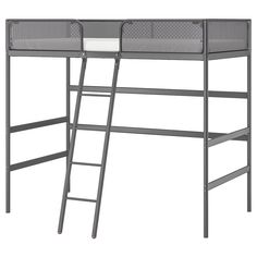 a gray bunk bed with a ladder next to it and a mattress on the bottom