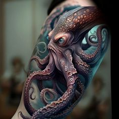 an octopus tattoo on the right arm and shoulder is shown in this artistic painting style