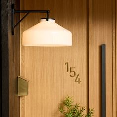 a wooden wall with a white lamp hanging from it's side next to a potted plant