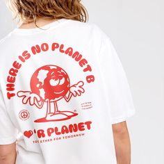 Introducing our exclusive "There is no planet B!" T-shirt - the perfect blend of fitness and Eco flair! Embrace the retro vibes with this vintage-inspired design that brings a smile to every eco enthusiast and retro lover alike. On the back of the shirt, the catchy slogan "There is no planet B!" takes center stage, the words are tastefully arranged in a retro font, giving the design a timeless appeal. Adding a touch of retro to the message is a charming illustration of our earth. This playful ch White Screen Print Top For Earth Day, Organic Cotton White T-shirt With Slogan, White Organic Cotton T-shirt With Slogan, Earth Day White T-shirt With Screen Print, White T-shirt With Earth Day Graphic Print, White Graphic Print T-shirt For Earth Day, There Is No Planet B, No Planet B, Charming Illustration