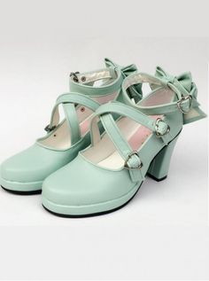 Mint Color Matt Cross Bandage High Heel Bowknot Lolita Princess Shoes Mint Green Outfits, Mint Shoes, Custom Made Shoes, Princess Shoes, Mint Blue, Sweet Lolita, Cute Bow, Mint Color, Shoe Size Conversion