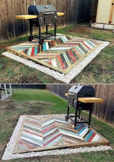 an outdoor grill and table made out of wood planks in the grass with gravel around it