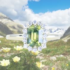 1.98ct Untreated Emerald Cut Parti Nigerian Sapphire Antique-Style Diamond Halo Ring in 14k Green Gold Sunstone Jewelry, Montana Sapphire Ring, Style Feminine, Diamond Halo Ring, Step Cut, Custom Ring Designs, Stone Collection, Halo Diamond Ring, Antique Diamond