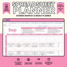 the spreadsheet planner is displayed on a pink background with black and white text