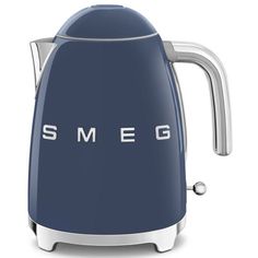 an electric kettle with the word smeg written on it's front and side