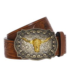 PRICES MAY VARY. Western Leather Belt: The cowboy belt is made of quality leather material, with exquisite engraving flower patterns, to look chic and unique. The western belt buckle is made of zinc alloy, solid and strong, not easy to break, sturdy for a long time of use Longhorn Bull Buckle Belt: Western cowboy style belt is designed with thick leather and vintage engraving flowers patterns, classic brown color look retro and gorgeous. Golden bull head horn buckle, symbolizing wealth, honor an Western Leather Belt, Longhorn Bull, Belt Western, Cowboy Belt, Bull Head, Belt For Men, Belt Brown, Women Leather, Buckle Belt