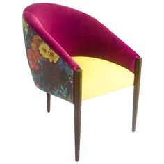 a purple chair with flowers on the back and yellow upholstered seat, against a white background