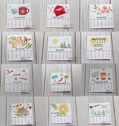 twelve calendars with different designs on them