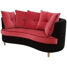 a black and red couch with four pillows on it's back end, sitting in front of a white background