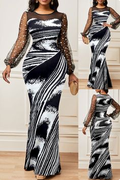 Make a statement at your next evening event with Rosewe's Geometric Print Hot Stamping Black Maxi Bodycon Dress 🖤. Featuring a bold geometric pattern with hot stamping, mesh details, and a mermaid silhouette, this dress is a patchwork masterpiece. Its bishop sleeves and round neck add a touch of class to the elegant style. Composed of 95% polyester and 5% spandex. #GeometricGlam #HotStamping #MeshMagic #MermaidCut #PatchworkPerfection #ElegantEvening #BishopSleeve #StyleIcon 🌟👗 Black Maxi Bodycon Dress, Elegant Maxi Dress With Abstract Print And V-neck, Black Zebra Print V-neck Dress, Black Maxi