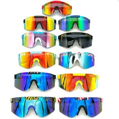 six pairs of sunglasses with different colors on them