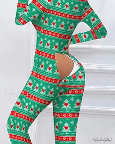 Lasaky - Adult Christmas Tree Print Functional Button Flap Pajamas Fitted Christmas Sleepwear For Loungewear, Green Long Sleeve Sleepwear For Holiday, Fitted Long Sleeve Christmas Sleepwear, Green Long Sleeve Holiday Sleepwear, Green Holiday Sleepwear For Winter, Green Sleepwear For Holiday Winter Season, Green Sleepwear For Winter Holiday, Lounge Romper, Christmas Tree Print