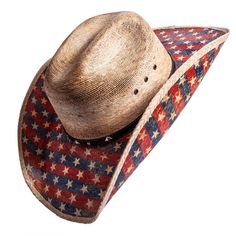 If you love this country, you'll love this Patriot hat! A straw cowboy hat with stars and stripes on the brim with a tasteful black and brown hatband. Also has silver pieces on the hatband Country Style Brimmed Sun Hat For Western-themed Events, Country Style Brimmed Sun Hat For Western Events, Country Style Fedora Straw Hat, Western Style Sun Hat For Rodeo, Country Style Sun Hat With Short Brim, Patriotic Wide Brim Summer Hat, Country Style Sun Hat For Western-themed Events, Country Style Hats For Rodeo And Country Festivals, Western Brown Straw Hat