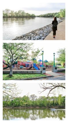 three different views of the park and water