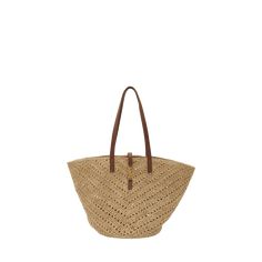 Saint Laurent "Panier" tote bag in raffia  Flat shoulder straps  Golden hardware Open top with center YSL strap  Structured bottom of bag  Approx. 8.3"H x 17.3"W x 7.9D Imported Ysl Tote Bag, Ysl Tote, Open Top, Bergdorf Goodman, Shoulder Straps, Saint Laurent, Tops Designs, Tote Bag, Luxury Fashion