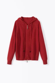 Fibflx Women's Casual Wool Zip-up Hoodie Cardigan Understated Luxury, Hoodie Cardigan, Refined Style, Knit Hoodie, Wool Cardigan, Polished Look, Women's Casual, Bright Red, Natural Fibers