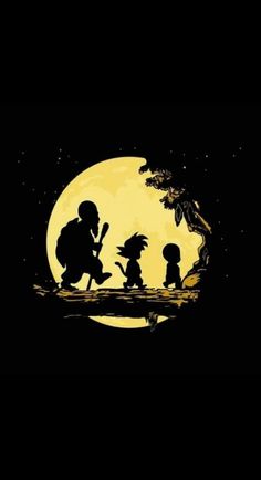 the silhouettes of two people and a child in front of a full moon on a black background