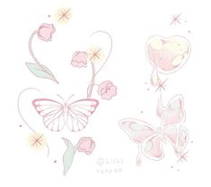 a drawing of butterflies and flowers on a white background with pink inking, which is part of a series of butterfly drawings