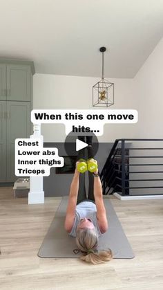 a woman is doing yoga with dumbbells in the middle of her body and words above her head