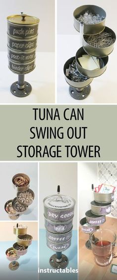 there are many different types of cups and saucers on this page with the words tuna can swing out storage tower