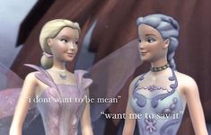 two barbie dolls standing next to each other with a quote on the bottom right side