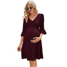 Embrace your pregnancy with elegance and comfort in the Coolmee Women's Maternity Smocked 3/4 Sleeve Boho Dress. This midi dress is designed to accommodate your changing figure throughout all stages of pregnancy and even postpartum, ensuring you look and feel fantastic.

- Material: Super soft, stretchy, breathable, and skin-friendly fabric.
- Features: V-neck, 3/4 puff sleeves, smocked bust for a flexible fit, flowy A-line silhouette with a ruffled hem, and a charming boho floral pattern.
- Sui Bohemian Maternity Dress, Baby Shower Photoshoot, Dress For Baby Shower, Shower Photoshoot, Fall Midi, Fall Maternity Outfits, Maternity Wardrobe, Burgundy Midi Dress, Maxi Bodycon Dress