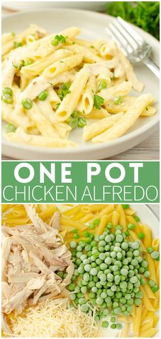 one pot chicken alfredo with peas and parmesan cheese is the perfect dinner for two