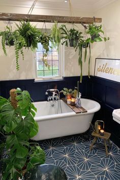 a bath tub sitting next to a window with plants hanging from it's sides