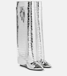 Shark Lock metallic leather knee-high boots in silver - Givenchy | Mytheresa Givenchy Shark, Givenchy Boots, Australia Clothes, Givenchy Shoes, Leather Knee High Boots, Girly Shoes, Pearl Hoop Earrings, Knee High Leather Boots, Leather Bucket Bag