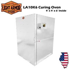 a white refrigerator freezer sitting in front of an american flag with the words light armor oven