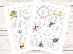 two christmas cards with the words merry written on them and decorated with holly wreaths