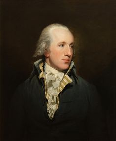 an oil painting of a man with white hair wearing a black coat and striped shirt