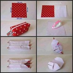 the instructions to make a zippered pouch with polka dot fabric and buttons on it