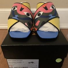 Rare, Authentic Kat Maconie ‘Lizzie’ Multicolored Leather/Textile Designer Heels. Size 7. Made In London. Condition Is Brand New In Box. Modern Multicolor High Heel Sandals, Designer Multicolor Heels With Heel Strap, Modern Multicolor Sandals With Round Toe, Modern Multicolor Round Toe Sandals, Multicolor Synthetic Sandals With Rubber Sole, Multicolor Pointed Toe Sandals With Wrapped Heel, Designer Multicolor Sandals For Spring, Designer Multicolor Flat Sandals, Multicolor Round Toe Sandals With Padded Heel