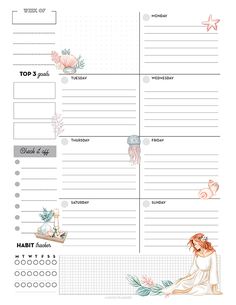 a printable planner with an image of a woman sitting on the ground and sea animals