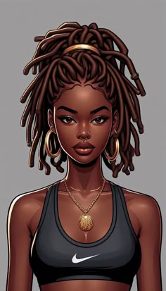 A close-up cartoon-style image of an African girl with dreadlocks. She is adorned with gold jewelry, including a pendant necklace and hoop earrings. She is wearing a gym bra with a solid light black background. Black Women Drawings, Afropunk Aesthetic, Dreadlocks Art, Afro Drawing, Women With Dreadlocks, Jamaican Women, Urban Beauty