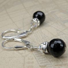 Drop Onyx Earrings, Black Gemstone, Sterling Silver, Faceted Stone, Bridesmaid Wedding Handmade Jewe Elegant Onyx Earrings For Party, Elegant Round Onyx Earrings, Nickel-free Black Jewelry For Wedding, Elegant Adjustable Crystal Earrings, Formal Black Onyx Earrings, Classic Black Earrings For Wedding, Nickel-free Black Wedding Jewelry, Classic Black Wedding Earrings, Nickel Free Black Earrings For Anniversary