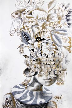 a drawing of a woman's head with many different things on it