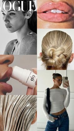 an image of a woman with her hair styled into a bun and using makeup products