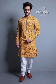 Presenting exclusive kalamkari design men's cotton kurta pajama. This light weight kurta can be paired with ethnic bottoms for a stylish ethnic style. Pajama is optional, so please select as per your requirement during checkout. Product : Men's Kurta Ready to Wear : Yes Design Work : Kalamkari Fabric : Pure Cotton Sleeve Length : Long Sleeves Pocket : YesWash Care : Dry Clean Get exclusive designer mens silk punjabi, cotton punjabi online at Craftyle - The best store for online shopping. Luxury Yellow Traditional Wear With Kalamkari Print, Kalamkari Kurta Designs For Men, Traditional Kalamkari Print Sherwani For Eid, Festive Eid Sherwani With Kalamkari Print, Kalamkari Kurta, Digital Print Mens Kurta, Kalamkari Designs, Kalamkari Fabric, Kurta Men