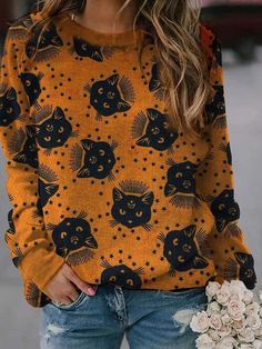 Women's T-Shirts Pumpkin Cat Print Crew Neck Long Sleeve T-Shirt Trendy Crew Neck Top With Cat Print, Trendy Top With Cat Print And Crew Neck, Casual Winter Tops With Cat Print, Casual Crew Neck Top With Cat Print, Relaxed Fit Crew Neck T-shirt With Cat Print, Casual Long Sleeve Tops With Cat Design, Winter Crew Neck Top With Cat Print, Winter Cotton Top With Cat Print, Relaxed Fit Cat Print T-shirt With Crew Neck